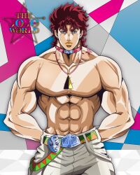 1boy abs anime_coloring arms_behind_back belt belt_buckle birthmark boots buckle choker commentary denim earrings full_body genda_art green_belt grey_eyes grey_pants highres jeans jewelry joestar_birthmark jojo_no_kimyou_na_bouken jonathan_joestar logo looking_at_viewer male_focus manly messy_hair muscular muscular_male necklace official_style pants pectorals phantom_blood recolored red_belt red_boots red_choker red_hair shadow solo stone_mask_(jojo) stud_earrings topless_male triangle_print yellow_lips