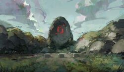 cloud commentary faux_traditional_media grass highres minecraft_youtube no_humans outdoors painterly rock scenery secret_keeper_(secret_life_smp) secret_life_smp sevenchi signature sky traffic_life_series