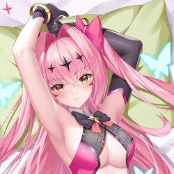Rule 34 | 1girl, armpits, arms up, asymmetrical gloves, bare shoulders, black bow, black bowtie, black gloves, bow, bowtie, bracelet, breasts, center opening, cirnos, cleavage, cropped, dakimakura (medium), detached collar, diamond hair ornament, dress, elbow gloves, epic seven, facial mark, fishnets, gloves, gold bracelet, hair bow, jewelry, long hair, luluca (epic seven), lying, medium breasts, on bed, parted lips, pink bow, pink dress, pink hair, presenting armpit, single elbow glove, sleeveless, sleeveless dress, solo, top model luluca (epic seven), triangle, triangle facial mark, tsurime, two side up, uneven gloves, upper body, yellow eyes