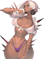 Rule 34 | 1girl, breast tattoo, breasts, chest tattoo, cleavage, covered erect nipples, curvy, dark-skinned female, dark skin, dump (sakamoto days), fumio (rsqkr), highres, hip focus, large breasts, lips, looking at viewer, midriff, narrow waist, navel, open mouth, panties, purple hair, purple panties, sakamoto days, shirt, short hair, simple background, solo, spikes, tattoo, thick thighs, thighs, tied shirt, underwear, white background, white hair, white shirt, wide hips