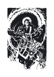 1boy black_hair black_kimono border catfish creature feet_out_of_frame fins fish getou_suguru getou_suguru_(kenjaku) greyscale hair_over_one_eye halo japanese_clothes jujutsu_kaisen kimono long_hair looking_at_viewer male_focus monochrome open_mouth outstretched_arm outstretched_hand parted_lips sakanaokasi sash smile standing stitches teeth whiskers white_border wide_sleeves