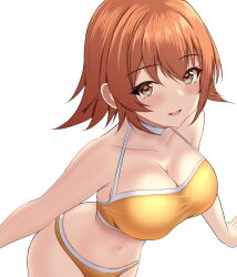1girl bare_arms bikini blush breasts brown_eyes brown_hair cleavage collarbone hair_between_eyes highres kantai_collection large_breasts looking_at_viewer montemasa navel open_mouth orange_bikini richard_p._leary_(kancolle) short_hair sidelocks simple_background smile standing swimsuit white_background
