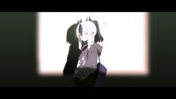 1girl absurdres black_bag black_choker black_hair black_hoodie black_horns blue_archive choker closed_mouth earclip from_side grey_halo halo highres hood hood_down hoodie horns kayoko_(blue_archive) letterboxed looking_at_viewer looking_to_the_side multicolored_hair ponytail red_eyes shadow smile solo toriko_(honmono) two-tone_hair white_hair