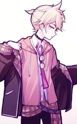 1boy ahoge art_waven black-framed_eyewear black_choker black_jacket black_pants blonde_hair bright_pupils brown_jacket choker collared_shirt commentary cowboy_shot drawstring english_commentary glasses grey_eyes hand_up highres hood hood_down hooded_jacket jacket jacket_partially_removed kagamine_len layered_sleeves long_sleeves looking_at_viewer male_focus necktie open_clothes open_jacket pants pink_necktie ponytail profile puffy_long_sleeves puffy_sleeves shirt short_hair short_ponytail sideways_glance sideways_mouth simple_background solo spiked_choker spikes standing star_(symbol) sweat unworn_eyewear vocaloid white_background white_pupils white_shirt