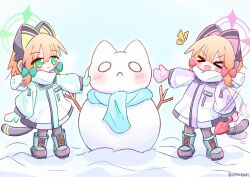 &gt;_&lt; 2girls :&lt; :d absurdres afterimage animal_ear_headphones animal_ears aqua_boots aqua_scarf arm_at_side black_tail blonde_hair blue_archive blush_stickers boots bow branch cat_ear_headphones cat_ears cat_tail closed_mouth coat commentary_request dot_nose fake_animal_ears fake_tail full_body green_bow green_coat green_eyes green_halo green_mittens grey_pantyhose hair_bow halo headphones highres holding holding_shovel lace-up_boots long_sleeves low-tied_sidelocks medium_hair midori_(blue_archive) midori_(winter)_(blue_archive) mittens momoi_(blue_archive) momoi_(winter)_(blue_archive) motion_lines multicolored_coat multiple_girls notice_lines o_o official_alternate_costume onrataon open_mouth outdoors pantyhose parted_bangs pink_halo pink_mittens puffy_long_sleeves puffy_sleeves purple_coat red_bow scarf scarf_bow shovel siblings sidelocks sisters smile snow snowman standing tail tail_wagging text_print twins twitter_username v-shaped_eyebrows waving_arm white_coat white_scarf winter winter_clothes xd zipper zipper_pull_tab
