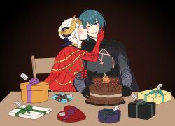 1boy 1girl adricarra birthday birthday_cake black_gloves blue_eyes blue_hair cake candle closed_eyes commentary dress edelgard_von_hresvelg edelgard_von_hresvelg_(timeskip) fake_horns fire_emblem fire_emblem:_three_houses food gift gloves hetero horns kiss kissing_cheek male_byleth_(fire_emblem) nintendo one_eye_closed red_dress short_hair sitting smile table white_hair