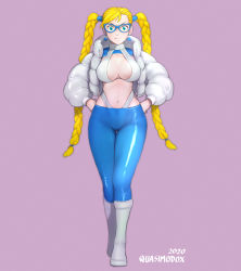 Rule 34 | 1girl, alternate costume, alternate hairstyle, aqua eyes, asymmetrical bangs, bespectacled, blue-framed eyewear, blue pants, boots, braid, breasts, commentary, cropped jacket, down jacket, earrings, english commentary, female focus, full body, glasses, grey jacket, halterneck, hands on own hips, heart, heart earrings, highleg, highleg panties, highres, jacket, jewelry, knee boots, large breasts, long braid, long hair, navel, no bra, panties, pants, pink background, quasimodox, rainbow mika, shiny clothes, shrug (clothing), silver boots, silver panties, solo, street fighter, tight clothes, tight pants, twin braids, underwear, very long hair, walking, wide hips
