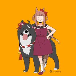 Rule 34 | 1girl, animal ears, animalization, blunt bangs, bow, braid, braided hair rings, buttons, closed mouth, commentary request, dog, dress, ear ribbon, full body, hair bow, hair rings, horse ears, horse girl, horse tail, kitasan black (umamusume), long hair, looking at viewer, onikobe rin, open mouth, orange background, purple shoes, red bow, red dress, red ribbon, ribbon, shoes, simple background, smile, socks, solid circle eyes, solo, sweep tosho (umamusume), tail, umamusume, v-shaped eyebrows, white socks