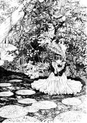 1girl absurdres apron black_hair blunt_bangs foliage forest gagaimo highres holding holding_leaf leaf leaf_umbrella lily_pad lineart long_skirt looking_at_viewer maid maid_apron monochrome nature original outdoors rain revision skirt solo traditional_media vegetation white_skirt