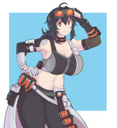 1girl breasts cleavage female_focus fingerless_gloves gloves goggles grace_howard hand_on_own_hip highres huge_breasts kittenboogers looking_at_viewer medium_hair midriff navel orange_eyes simple_background solo tattoo zenless_zone_zero