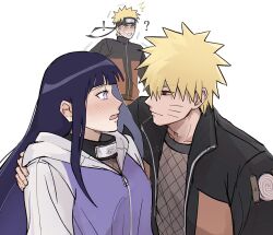 ! 1girl 2boys ? arm_around_shoulder blonde_hair blush closed_mouth dark_persona facial_mark forehead_protector highres hyuuga_hinata jacket konohagakure_symbol long_hair long_sleeves looking_at_another multiple_boys naruto_(series) naruto_shippuuden notane_n open_clothes open_jacket open_mouth purple_eyes purple_hair purple_jacket smile spiked_hair twitter_username upper_body uzumaki_naruto whisker_markings white_background