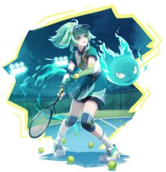 1girl absurdres ahoge alternate_costume alternate_hairstyle animal_ears asymmetrical_gloves bad_id bad_twitter_id ball bright_pupils cross-laced_footwear elbow_gloves fingerless_gloves fox_ears full_body gloves green_eyes green_gloves green_hair highres holding_tennis_racket honkai:_star_rail honkai_(series) huohuo_(honkai:_star_rail) knee_pads kneehighs long_hair looking_to_the_side mimisuke37 mismatched_gloves parted_lips paw-shaped_pupils ponytail shirt shoes short_sleeves simple_background single_elbow_glove skirt socks standing symbol-shaped_pupils tail_(honkai:_star_rail) tears teeth tennis_ball uneven_gloves upper_teeth_only white_background white_footwear white_pupils white_shirt white_socks wristband