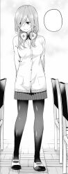 Rule 34 | 1girl, arms behind back, black pantyhose, blush, breasts, chair, classroom, closed mouth, dot nose, embarrassed, female focus, full body, go-toubun no hanayome, hair over one eye, haruba negi, headphones, headphones removed, indoors, long hair, long image, long sleeves, looking to the side, lowres, manga page, medium breasts, miniskirt, monochrome, nakano miku, official art, pantyhose, pleated skirt, school uniform, shirt, shirt under sweater, shoes, shy, skirt, solo, solo focus, stitched, sweater, third-party edit
