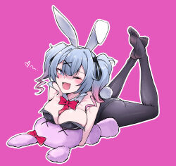 1girl absurdres black_pantyhose blue_eyes blue_hair blush feet hatsune_miku heart heart-shaped_pupils highres leotard long_hair looking_at_viewer lsf_(805661342) lying on_stomach one_eye_closed open_mouth pantyhose playboy_bunny rabbit_hole_(vocaloid) soles stuffed_animal stuffed_toy symbol-shaped_pupils the_pose toes twintails vocaloid wink
