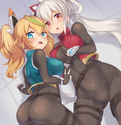 2girls ass bad_id bad_pixiv_id blonde_hair blue_eyes breasts checkered_wall covered_navel crop_top fang from_below gene_(pso2) green_hair groin hair_ornament large_breasts lean_picchner long_hair looking_at_viewer lying matoi_(pso2) multicolored_hair multiple_girls on_side open_mouth phantasy_star phantasy_star_online_2 pokoten_(pokoten718) pussy red_eyes silver_hair spandex thighs twintails two-tone_hair wavy_hair