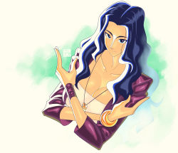blue_eyes blue_hair bracelet crossed_arms dark_blue_hair eyelashes hardkoba highres jacket jewelry leather leather_jacket lightning looking_up necklace nico_robin one_piece parted_bangs smile wavy_hair white_background