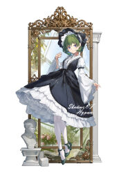 1girl absurdres arnold-s blue_eyes bonnet bust_(sculpture) closed_mouth commentary_request dress earrings frilled_bonnet frilled_dress frills full_body green_hair green_shoes grey_nails highres jewelry layered_dress light_smile nail_polish original pantyhose pillar ring sculpture shoes solo two-tone_bonnet two-tone_dress white_pantyhose