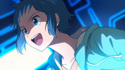 1boy :d asada_hachi blue_eyes blue_hair blue_hoodie collarbone commentary drawstring dutch_angle floating_hair from_side gundam gundam_build_fighters highres hood hoodie iori_sei looking_to_the_side male_focus open_clothes open_hoodie open_mouth orange_shirt shirt short_hair smile solo teeth twitter_username upper_body upper_teeth_only watermark