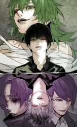 Rule 34 | 2girls, androgynous, bandaged arm, bandaged chest, bandaged leg, bandages, black hair, black reaper, black sclera, black shirt, collared shirt, colored sclera, eto (tokyo ghoul), formal clothes, green hair, grey background, grey eyes, hair over one eye, heterochromia, highres, kanae von rosewald, kaneki ken, lips, long hair, looking at viewer, mismatched sclera, multicolored hair, multiple boys, multiple girls, multiple persona, multiple views, naked bandage, parted lips, partially shaded face, purple hair, purple suit, red eyes, sasaki haise, shaded face, shadow, shirt, short hair, smile, stfr (stfr kaz), stitched eye, stitched mouth, stitches, suit, teeth, tokyo ghoul, tokyo ghoul:re, tsukiyama shuu, two-tone hair, white hair