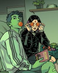 1boy 1girl beast_boy_(dc) black_eyes book colored_skin couple dc_comics food fruit gabriel_picolo green_hair green_skin highres orange_(fruit) pointy_ears purple_hair raven_(dc) teen_titans vegetable