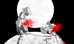 2boys armor armored_boots axe backlighting bandaged_hand bare_arms black_background blood boots breastplate chain chainmail cutting dismemberment fighting fighting_stance full_moon greyscale helmet highres injury japanese_clothes katana medieval monochrome monochrome_background moon moonlight multiple_boys original pauldrons samurai self-upload shaded_face shield shoulder_armor spot_color sword warrior weapon