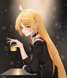 1girl ahoge alcohol black_choker black_shirt blonde_hair blush bocchi_the_rock! chieftain_art13 choker closed_mouth cup drink from_side highres holding holding_cup holding_drink ijichi_seika long_hair long_sleeves looking_at_viewer looking_to_the_side orange_eyes shirt signature solo straight_hair upper_body very_long_hair