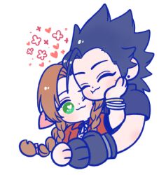 Rule 34 | 105zz, 1boy, 1girl, :3, aerith gainsborough, armor, bangle, black gloves, black hair, blush, bracelet, braid, braided ponytail, brown hair, closed eyes, closed mouth, commentary request, couple, crisis core final fantasy vii, cropped torso, dress, drill hair, drill sidelocks, facial scar, final fantasy, final fantasy vii, final fantasy vii rebirth, final fantasy vii remake, gloves, green eyes, hair ribbon, hand on another&#039;s cheek, hand on another&#039;s face, heads together, heart, heart-shaped pupils, jacket, jewelry, lowres, one eye closed, open clothes, open jacket, parted bangs, pink dress, pink ribbon, ponytail, red jacket, ribbon, scar, scar on cheek, scar on face, shoulder armor, sidelocks, simple background, smile, spiked hair, symbol-shaped pupils, upper body, white background, zack fair