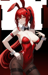 animal_ears black_bow black_bowtie black_thighhighs bow bowtie breasts haruyuki_(karem) highres leotard medium_breasts mole mole_under_eye open_mouth playboy_bunny ponytail punishing:_gray_raven rabbit_ears red_eyes red_hair simple_background strap thigh_strap thighhighs thighs vera:_garnet_(pgr) vera:_rozen_(pgr) vera_(pgr) wrist_cuffs