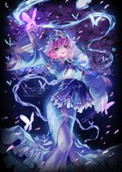 Rule 34 | 1girl, blue butterfly, blue hat, blue kimono, breasts, bug, butterfly, cherry blossoms, commentary request, frilled kimono, frills, hat, highres, hitodama, insect, japanese clothes, kimono, long sleeves, medium hair, mob cap, natsume k, open mouth, pink butterfly, pink hair, saigyouji yuyuko, sleeve garter, smile, solo, touhou, triangular headpiece, twitter username, watermark, wide sleeves