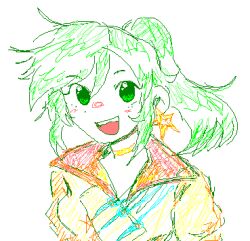 Rule 34 | 1girl, choker, coat, denpakun, earrings, green eyes, green hair, jewelry, long hair, looking at viewer, lowres, oekaki, open mouth, ponytail, smile, sonika, star (symbol), star earrings, teeth, upper teeth only, vocaloid, white background, yellow choker, yellow coat