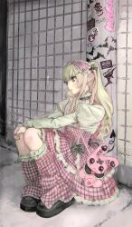 Rule 34 | 1girl, alternate costume, black shoes, blonde hair, bow, center frills, collared shirt, colored inner hair, frilled skirt, frills, hair bow, hair ornament, hairclip, hashtag-only commentary, highres, juliet sleeves, layered skirt, leg warmers, long hair, long sleeves, makaino ririmu, multicolored hair, nijisanji, outdoors, pink bow, pink eyes, pink hair, pink skirt, plaid clothes, plaid skirt, platform shoes, pointy ears, pole, ponytail, puffy sleeves, ringlets, rios14, shirt, shoes, sitting, skirt, solo, sticker, stuffed animal, stuffed rabbit, stuffed toy, two-tone hair, two side up, virtual youtuber, wavy hair, white shirt