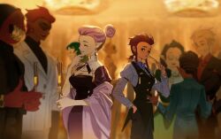 alternate_costume amity_blight blonde_hair blurry blurry_background blurry_foreground bow bowtie champagne_flute cup dark-skinned_female dark-skinned_male dark_skin depth_of_field dress drinking_glass emira_blight formal_clothes glasses green_hair gus_porter hunter_(the_owl_house) kuma20151225 luz_noceda pointy_ears ponytail purple_hair shawl short_ponytail suit the_owl_house vest waistcoat willow_park
