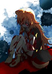 1girl :d abstract_background animal_ears arm_between_legs black_dress blood blood_on_clothes blood_on_face blood_on_hands blood_splatter bloody_weapon blue_background boots brown_boots commentary_request dagger dress empty_eyes full_body glowing glowing_eyes grey_dress highres holding holding_dagger holding_knife holding_weapon knife layered_dress long_hair long_sleeves looking_ahead open_mouth orange_hair raccoon_ears raccoon_girl raccoon_tail raphtalia red_dress red_eyes short_sleeves sitting smile solo tail tate_no_yuusha_no_nariagari tiffanyung two-tone_dress weapon white_background