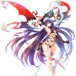 Rule 34 | 1girl, arm up, armpits, bikini, breasts, cleavage, closed mouth, eyepatch, female focus, floating hair, groin, gun, legs, long hair, looking at viewer, medium breasts, navel, purple hair, sacred sword princesses, shibarikini, solo, standing, swimsuit, thighs, thong, transparent background, very long hair, water, water gun, weapon, yidhra