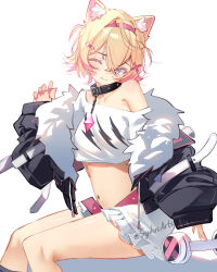 1girl animal_ears bandaid bandaid_hair_ornament belt belt_collar black_collar black_jacket blonde_hair blue_eyes breasts closed_mouth collar collarbone colored_inner_animal_ears commentary cropped_jacket cropped_shirt dog_ears dog_girl double-parted_bangs fingernails frilled_shorts frills fur-trimmed_jacket fur_trim hair_between_eyes hair_ornament hairband hand_up head_tilt headband headphones hololive hololive_english jacket jacket_partially_removed leaning_forward looking_at_viewer mococo_abyssgard mococo_abyssgard_(1st_costume) multicolored_hair nail_polish navel one_eye_closed pink_belt pink_hair pink_hairband pink_headband pink_nails shirt short_hair shorts simple_background single_off_shoulder sitting small_breasts smile solo streaked_hair sydus t-shirt virtual_youtuber white_background white_shirt white_shorts x_hair_ornament