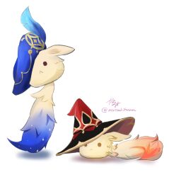 :&lt; alice_(genshin_impact) barbeloth_(genshin_impact) blue_feathers blue_hat blue_tail closed_mouth commentary_request dodoco_(genshin_impact) feathers genshin_impact hat hat_feather hat_over_one_eye karakusa_(ototsukiharu) no_humans red_hat red_tail signature simple_background solid_eyes standing_on_own_tail tilted_headwear twitter_username white_background witch_hat