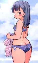 Rule 34 | 1girl, absurdres, ass, bikini, black hair, blue bikini, blush, breasts, brown eyes, butt crack, cloud, flying sweatdrops, from behind, hair ornament, hairclip, highres, long hair, looking back, original, outdoors, print bikini, shirt, sky, small breasts, solo, star (symbol), star print, striped clothes, striped shirt, swimsuit, thighs, umekko, unworn shirt
