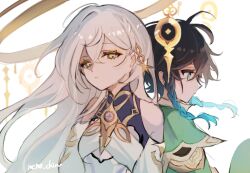 1boy 1girl absurdres aqua_hair artist_name bare_shoulders black_hair braid capelet detached_sleeves genshin_impact gradient_hair green_capelet hair_ornament halo highres istaroth_(genshin_impact) long_hair multicolored_hair nene_chiru short_hair simple_background twin_braids two-tone_hair upper_body venti_(genshin_impact) white_background white_hair white_sleeves yellow_eyes