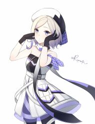 1girl armband aticsanir bare_shoulders beret black_gloves blonde_hair blue_eyes blue_hair blue_scarf cowboy_shot dress gloves gradient_hair hat highres jean_bart_(kancolle) kantai_collection mole mole_under_eye multicolored_gloves multicolored_hair multicolored_scarf one-hour_drawing_challenge scarf shirt short_hair simple_background solo strapless strapless_dress strapless_shirt twitter_username white_background