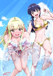 2girls artist_logo barefoot bikini black_hair blonde_hair blue_sky boku_no_kokoro_no_yabai_yatsu breasts brown_eyes cleavage cloud day frilled_bikini frills gold_bikini highres katatsumuri_(aukx4742) logo medium_breasts multiple_girls outdoors pink_bikini running side-tie_bikini_bottom sky swimsuit yamada_anna yamada_ruru