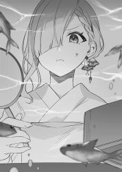 1girl braid closed_mouth commentary_request fish greyscale hair_behind_ear hair_over_one_eye japanese_clothes kimono looking_at_viewer monochrome novel_illustration official_art second-party_source small_sweatdrop solo tomari_(veryberry00) tomodachi_no_imouto_ga_ore_ni_dake_uzai tsukinomori_mashiro water