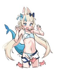 Rule 34 | 1girl, ^ ^, animal ear fluff, animal ears, bare arms, bare shoulders, belt, bikini, bikini under shorts, blonde hair, blue belt, blue eyes, blue hair, blunt bangs, blush, cat ears, closed eyes, clothes pull, commentary, cowboy shot, crab, cropped legs, dot nose, fang, fins, fish tail, flat chest, hands up, hashtag-only commentary, highres, indie virtual youtuber, kaniki (sameko saba), multicolored hair, navel, one side up, open mouth, panda060, sameko saba, short shorts, shorts, shorts pull, side-tie bikini bottom, simple background, skin fang, solo, stomach, streaked hair, swimsuit, tail, two-tone hair, virtual youtuber, white background, white shorts
