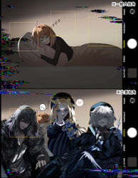 Rule 34 | 2boys, 2girls, abigail williams (fate), abigail williams (first ascension) (fate), absurdres, antinese, black hair, black shirt, blonde hair, blue bow, blue dress, blue eyes, blue hairband, bow, cigarette, closed eyes, closed mouth, commentary, diamond hairband, dress, edmond dantes (fate), evil smile, facial recognition, fake phone screenshot, fake screenshot, fate/grand order, fate (series), frilled sleeves, frills, fujimaru ritsuka (female), glitch, gloves, grin, hair bow, hair over one eye, hairband, hand up, hat, heart, highres, hugging object, long hair, long sleeves, looking at viewer, multiple boys, multiple girls, multiple hair bows, oberon (fate), oberon (third ascension) (fate), open mouth, pillow, pillow hug, shirt, short hair, sleeping, smile, spoken heart, spoken sweatdrop, sweatdrop, under covers, white gloves, white hair, white shirt, yellow bow, zzz