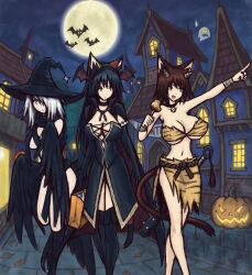 3girls alternate_costume black_hair breasts fur_trim halloween_costume huge_breasts kotone kotone_inazuma large_breasts long_hair multiple_girls red_hair revealing_clothes risa_akiyama short_hair skye_chione strapless tail tube_top underboob vivid_dead white_hair