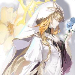 Rule 34 | 1girl, absurdres, artist request, blonde hair, blue flower, closed eyes, closed mouth, commission, detached collar, dress, flower, from side, genshin impact, gradient hair, grey background, hair between eyes, hand up, highres, holding, hood, hood up, indoors, long hair, long sleeves, multicolored dress, multicolored hair, naberius (genshin impact), second-party source, shade, shadow, solo, standing, wavy hair, wide sleeves, yellow flower