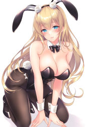 1girl animal_ears ayase_hazuki azur_lane bare_shoulders black_bow black_bowtie black_pantyhose black_shoes blonde_hair blue_eyes bow bowtie breasts cleavage closed_mouth detached_collar highres kneeling large_breasts leotard long_hair looking_at_viewer north_carolina_(azur_lane) north_carolina_(the_heart&#039;s_desire)_(azur_lane) pantyhose playboy_bunny rabbit_ears rabbit_tail shoes simple_background smile solo tail thigh_strap very_long_hair white_background wrist_cuffs