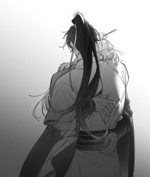 2boys amputee cheongmyeong_(return_of_the_mount_hua_sect) chinese_clothes cowboy_shot gahya00 gradient_background greyscale hair_bun hair_ornament hair_ribbon hair_stick hanfu high_ponytail highres hug korean_commentary long_hair long_sleeves male_focus missing_limb monochrome multiple_boys ponytail return_of_the_mount_hua_sect ribbon sash sleeve_tied_shut tang_bo_(return_of_the_mount_hua_sect) wide_sleeves