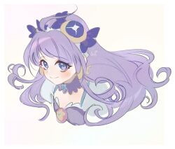 Rule 34 | 1girl, ahoge, blue eyes, blunt bangs, border, bow, brooch, choker, closed mouth, crescent, crescent earrings, crescent hair ornament, cropped torso, cure selene, dress, earrings, eyelashes, frilled dress, frills, grey sleeves, hair bow, hair ornament, hair tubes, hairband, happy, highres, jewelry, kaguya madoka, light blush, light particles, long hair, magical girl, outside border, precure, puffy short sleeves, puffy sleeves, purple bow, purple choker, purple dress, purple hair, shipu (gassyumaron), short sleeves, signature, smile, solo, star twinkle precure, tareme, very long hair, white border, white hairband, yellow background