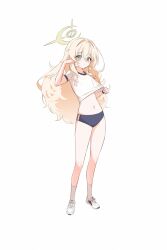 Rule 34 | 1girl, absurdres, alternate costume, blue archive, blue buruma, buruma, clothes lift, commentary, fluffy hair, full body, green eyes, gym shirt, gym uniform, halo, ham (hamparty), hand up, highres, lifting own clothes, long hair, navel, professor niyaniya (blue archive), shirt, shirt lift, side ahoge, solo, white background, white shirt, yellow halo