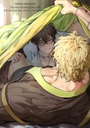 Rule 34 | 2boys, bed, bed sheet, black hair, black male underwear, black shirt, blanket, blonde hair, blush, bracelet, brown eyes, brown hair, brown pants, bugle, clothes pull, collarbone, collared shirt, curtains, eiden (nu carnival), gem, grin, hair between eyes, hand up, hands on another&#039;s thighs, highres, indoors, instrument, jewelry, lifting covers, looking at another, lying, male focus, male underwear, messy hair, miyamoyan, multiple boys, muscular, muscular male, necklace, nu carnival, on back, on bed, pants, pants pull, pectoral cleavage, pectorals, pulling another&#039;s clothes, quincy (nu carnival), shirt, short hair, smile, suspenders, sweat, teeth, twitter username, under covers, underwear, white shirt, yaoi, yellow gemstone
